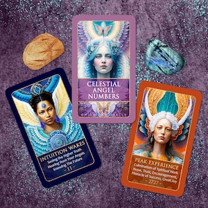 May include: A collection of oracle cards with angel imagery and text. The cards display illustrations of women with angel wings and titles such as "Celestial Angel Numbers" and "Intuition Wakes." Several crystals are also visible.