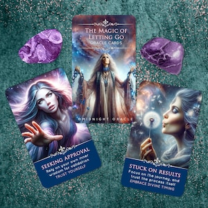 May include: An oracle card set with three cards and two purple stones. The cards feature illustrations of women and celestial backgrounds. The text on the cards reads "The Magic of Letting Go," "Seeking Approval," and "Stuck on Results."
