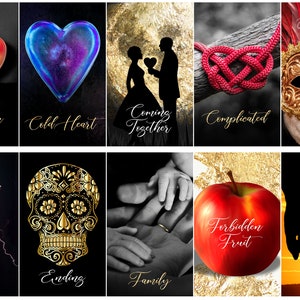 May include: A collection of images with themes of love, relationships, and life events. Includes a lit-up heart, a heart-shaped object, silhouettes of a couple, a knotted rope, a decorative mask, a hand with lightning, a golden skull, hands, a red apple, and hands holding. Text includes "Attraction", "Cold Heart", "Coming Together", "Complicated", "Deceptive", "Electric Touch", "Ending", "Family", "Forbidden Fruit", and "Friends First".