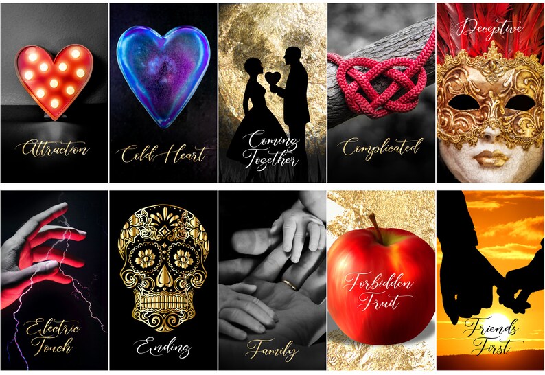 May include: A collection of images with themes of love, relationships, and life events. Includes a lit-up heart, a heart-shaped object, silhouettes of a couple, a knotted rope, a decorative mask, a hand with lightning, a golden skull, hands, a red apple, and hands holding. Text includes "Attraction", "Cold Heart", "Coming Together", "Complicated", "Deceptive", "Electric Touch", "Ending", "Family", "Forbidden Fruit", and "Friends First".