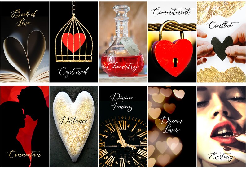 Może przedstawiać: Kolaż zdjęć o tematyce miłości i związk&oacute;w. Zawiera książkę ze stronami w kształcie serca, serce w klatce, butelkę z napisem "Chemistry", kł&oacute;dkę w kształcie serca, sylwetki pary, serce ze złotym wypełnieniem, zegar i twarz kobiety.