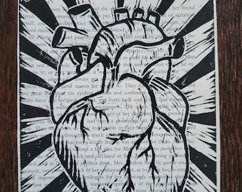 Anatomical Heart Linocut Print on Book Page, Realistic Gothic/ Retro Style Heart Block Print, Art Print, (5in x 7in)