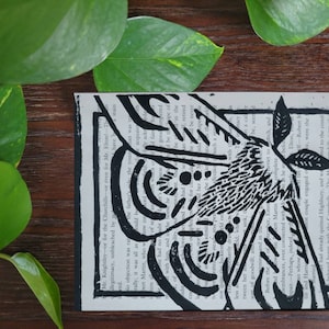 Moth Linocut Print on Book Page, Bug/ Insect Block Print on (5inx7in) Cropped Book Page, Art Print