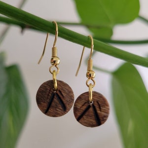 Wood Earrings, Boho Geometric Dangle Earrings, Wood Burned Pyrography Earrings, Super Light Weight, 1 cm Diameter