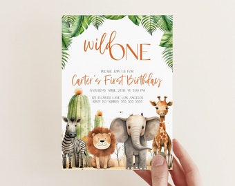 Wild One Birthday Invitation Template, First Birthday Invite Instant Download, Digital Safari Animals Birthday Party Invites, MS1275