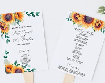 Sunflower Wedding Program Fan Template, Editable Wedding Program, Printable Wedding Program, Fall Wedding Ceremony Program, MS1247