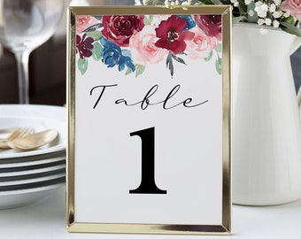Printable Wedding Table Number, Burgundy Table Numbers, Floral Table Numbers, Table Number Template, Editable Instant Download, CHARLOTTE