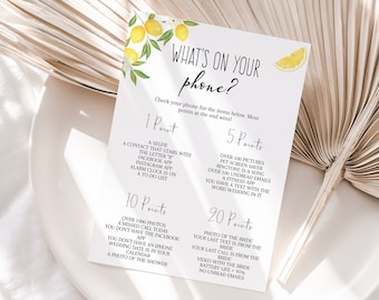 Lemon Theme Bridal Shower, What's On Your Phone Bridal Shower Game, Printable Bridal Shower Games, Wedding Printable, Lemon Bridal Shower