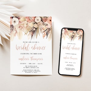 Digital Bridal Shower Invitation Template, Boho Chic Invite, Pink Floral Invites, Editable Instant Download, MS1288