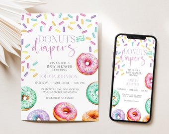 Digital Text Donut Baby Shower Invitation Template, Donuts and Diapers, Doughnut Gender Neutral, Baby Sprinkle Instant Download, MS1305