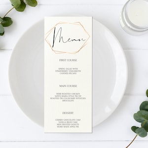 Plantilla de menú de boda de oro, tarjetas de menú de boda, menú de cena imprimible, menú de boda geométrico, menú editable, menú de boda corjl, WC021