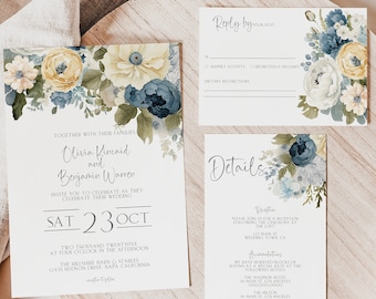 Wedding Invitation Dusty Blue, Floral Invitation Template, Instant Download Boho Wedding Invite, Flower Invitation, MS1251