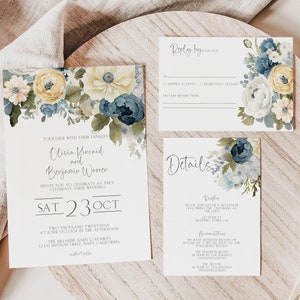 Wedding Invitation Dusty Blue, Floral Invitation Template, Instant Download Boho Wedding Invite, Flower Invitation, MS1251
