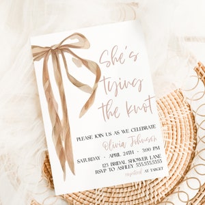 Tying the Knot Bow Bridal Shower Invitation Template, Coquette Invite, She&#39;s Tying the Knot, Boho Editable Instant Download, MS1347