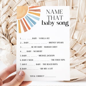 Game Card voor babyshower, Name That Song, bewerkbare directe download, Here Comes The Son, Sun Baby Boy, MS1265