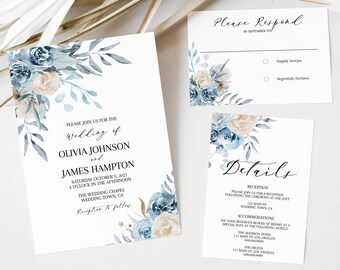 Dusty Blue Wedding Invitations, Dusty Blue Wedding Invites, Wedding Invitation Suite, Floral Wedding Invitation Template Suite, WC015