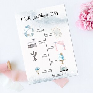 May include: A printable wedding day timeline checklist with watercolor illustrations. The checklist includes getting ready, first look, pictures, ceremony, dinner, cake, bouquet toss, and grand exit.