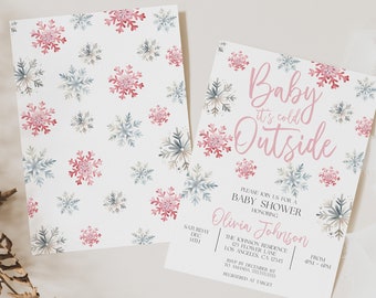 Editable Winter Baby Shower, Baby Its Cold Outside Baby Shower Invitation, Pink Snowflake Invite, Winter Wonderland Instant Download, MS1360