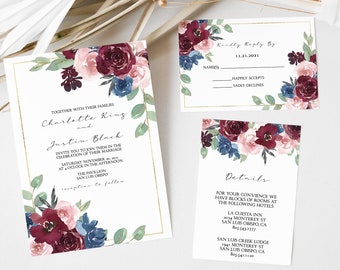 Wedding Invite Suite, Affordable Wedding Invites, Burgundy Invitation, Floral Boho Editable Instant Download CHARLOTTE