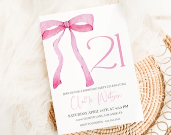 Pink Bow Birthday Invitation Template, Coquette Party Invite, 21st Birthday Invitation, Watercolor Dusty Pink Minimalist Editable MS1346