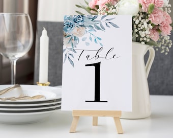 Numéros de table imprimables, Modèle de numéro de tableau, Numéros de table de mariage bleu poussiéreux pour mariage Boho, Numéros de table modifiables Télécharger WC015