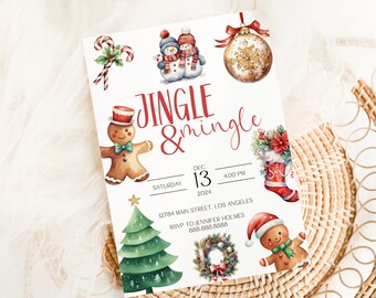 May include: A Christmas party invitation with a red and white candy cane, two snowmen, a gold ornament, a gingerbread man, a Christmas tree, a wreath, a stocking, and a gingerbread man with a red hat. The invitation reads "Jingle & Mingle" with the date and time of the party.