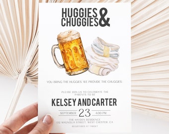 Huggies & Chuggies, invitación de baby shower coed, invitación de cerveza y pañales, baby shower de parejas de niños, descarga instantánea editable MS1315