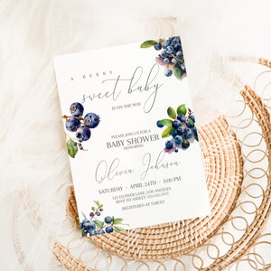 Blueberry Baby Shower Invitation Template, Berry Sweet Little One Shower Invite, Baby Shower Invitation Fruit Instant Download MS1244