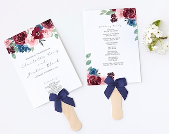 Wedding Program Fan Template, Burgundy Navy Blue and Pink Wedding Program, Marsala Wedding Ceremony Program, Editable & Printable, CHARLOTTE
