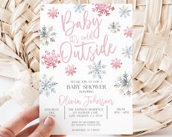 Baby Its Cold Outside Baby Shower Invitation, Editable Winter Baby Shower, Pink Snowflake Invite, Winter Wonderland Instant Download, MS1360