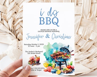 May include: A watercolor illustration of a barbecue grill with food, drinks, and fruit. The text on the invitation reads "i do BBQ" and "Please join us for a couples shower honoring Jennifer & Christian". The date and time of the event are listed as "Saturday October 1, 2025, 12 noon - 2 pm". The location is "The Jordan's Backyard, 123 Bridal Street".