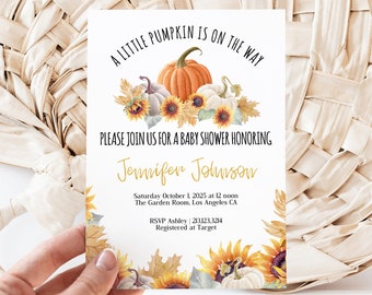 EDITABLE Pumpkin and Sunflower Baby Shower Invitation, Fall Baby Shower Invite, Pumpkin Theme Shower, Instant Download BAB011