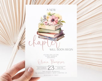 Plantilla de invitación de baby shower con temática de libro, un nuevo capítulo está a punto de comenzar, invitación de baby shower editable descarga instantánea MS1314