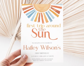 First Trip Around the Sun Birthday Party Invitation, 1st Trip Around the Sun, Birthday Boy Invitation, Editable Instant Download  MS1265