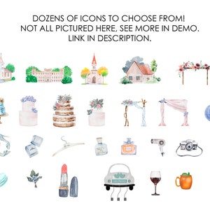 May include: A collection of watercolor illustrations featuring wedding-themed icons, including cakes, churches, arches, and a car with a "just married" sign.  The icons are perfect for use in wedding invitations, save-the-dates, and other wedding stationery.