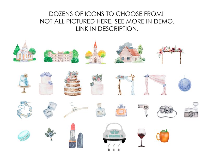 May include: A collection of watercolor illustrations featuring wedding-themed icons, including cakes, churches, arches, and a car with a "just married" sign.  The icons are perfect for use in wedding invitations, save-the-dates, and other wedding stationery.