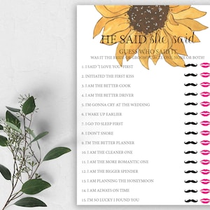 Sunflower Theme Bridal Shower, Bridal Shower Game He Said She Said,  Guess Who Said It Bridal Shower Game, Fall Bridal Shower Printable Game