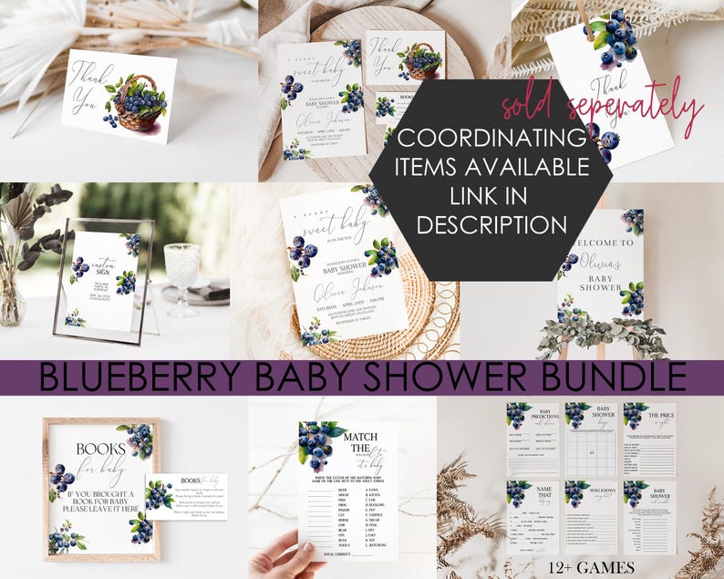 K&ouml;nnte beinhalten: Eine Sammlung von Babyparty-Papeterie mit Blaubeer-Motiv. Enth&auml;lt Einladungen, Dankeskarten, Spiele und Schilder. Der Text "COORDINATING ITEMS AVAILABLE LINK IN DESCRIPTION" ist sichtbar.