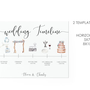 May include: A printable wedding timeline template with watercolor illustrations of a wedding arch, camera, cutlery, wine glass, and cake. The text reads "wedding Timeline" and includes the times for "Get Ready", "Ceremony", "Picture Time", "Eat, Drink & Be Married", and "Cake Cutting". The names "Olivia & Charles" are at the bottom of the template. The template is available in two sizes: 5x7 and 8x10.