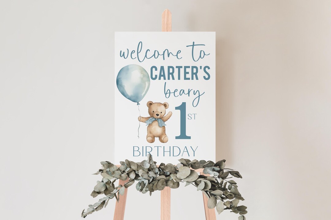 Beary First Birthday Welcome Poster, Boy 1st Birthday Bear Blue Balloon ...