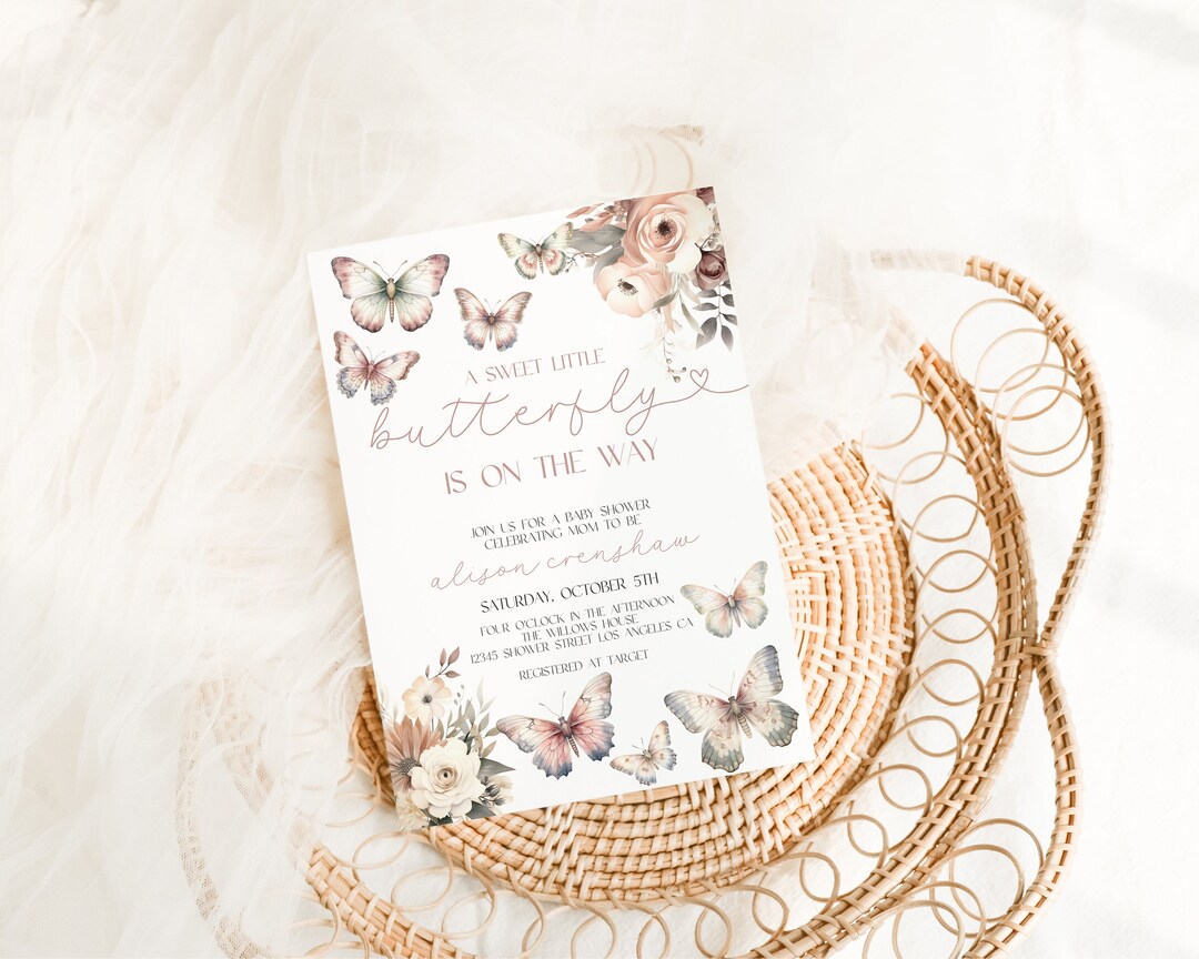 Butterfly Baby Shower Invitation Template, Boho Floral Baby Shower ...