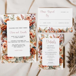 Gebrannte Orange Hochzeitseinladungs-Set, bearbeitbare Hochzeit lädt ein, Herbst Herbst Sparen Sie das Datum, Blumen Boho Hochzeitseinladungen, MS1370