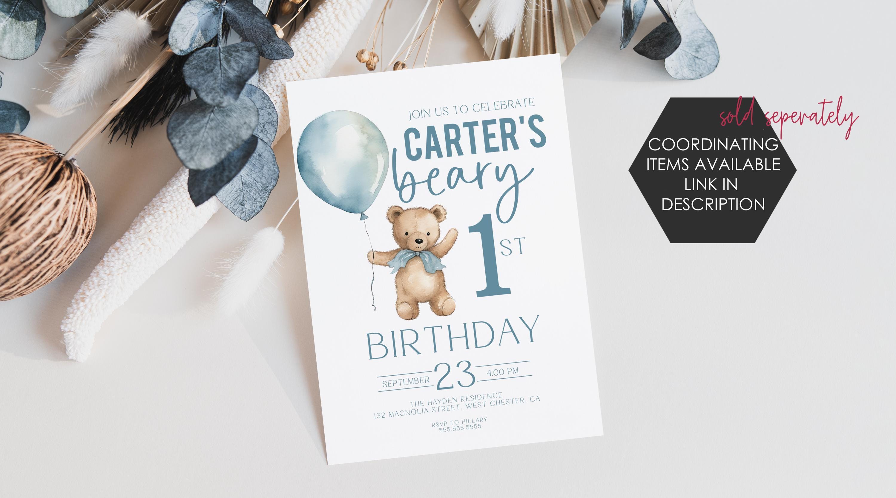 Beary First Birthday Welcome Poster, Boy 1st Birthday Bear Blue Balloon ...