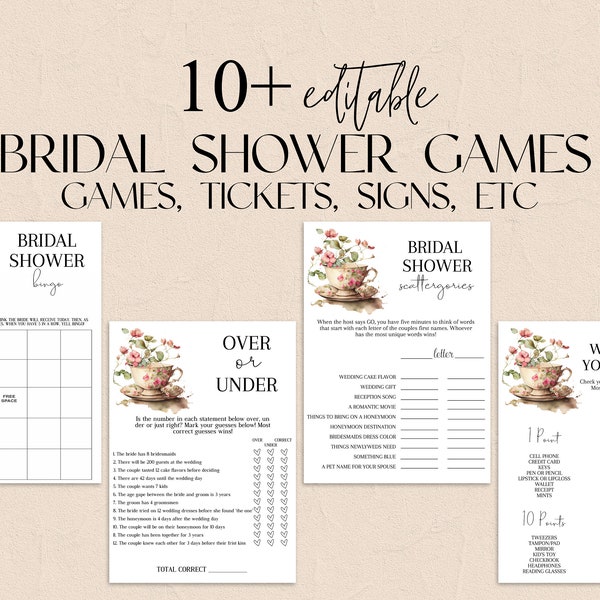 Bridal Shower Games Bundle, Editable Bridal Shower Games, Boho High Tea Party, Wedding Game Instant Download, MS1270