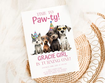 Plantilla editable de invitación de cumpleaños para perros, invitación de cumpleaños de cachorros, animales con patas, tema de fiesta de cumpleaños para perros, descarga instantánea editable, MS1417