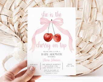 Coquette Cherry Baby Shower Invitation Template, Pink Red Bow Baby Shower Invite, Cherry on Top Editable Instant Download, MS1319