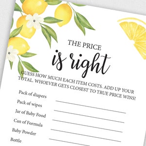 The Price is Right Baby Shower Game Download, Lemon Theme Baby Shower Games, Baby Shower Game Template, Instant Download Printable PDF