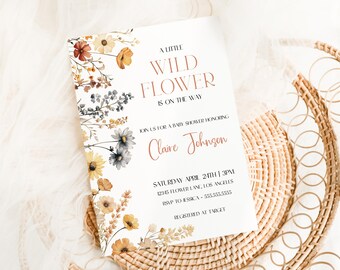 Wildflower Baby Shower Invitation Template, Boho Floral Little Wildflower Baby Shower Invite, Neutral Colors, Instant Download, MS1272
