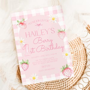 Berry First Birthday Invitation Template, Strawberry and Bow Birthday, Pink Daisies, Berry 1st Bday Printable Instant Download, MS1412