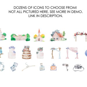 May include: A collection of watercolor illustrations featuring wedding-themed icons. The icons include a church, a cake, a bouquet, a hair dryer, a camera, a pair of shoes, a bottle of perfume, a hanger, a cake, a house, and a floral archway.